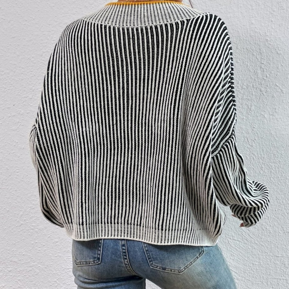 Black & White Casual Womens Vertical Stripe Pattern Drop Shoulder Sweater - Picture 2 of 5